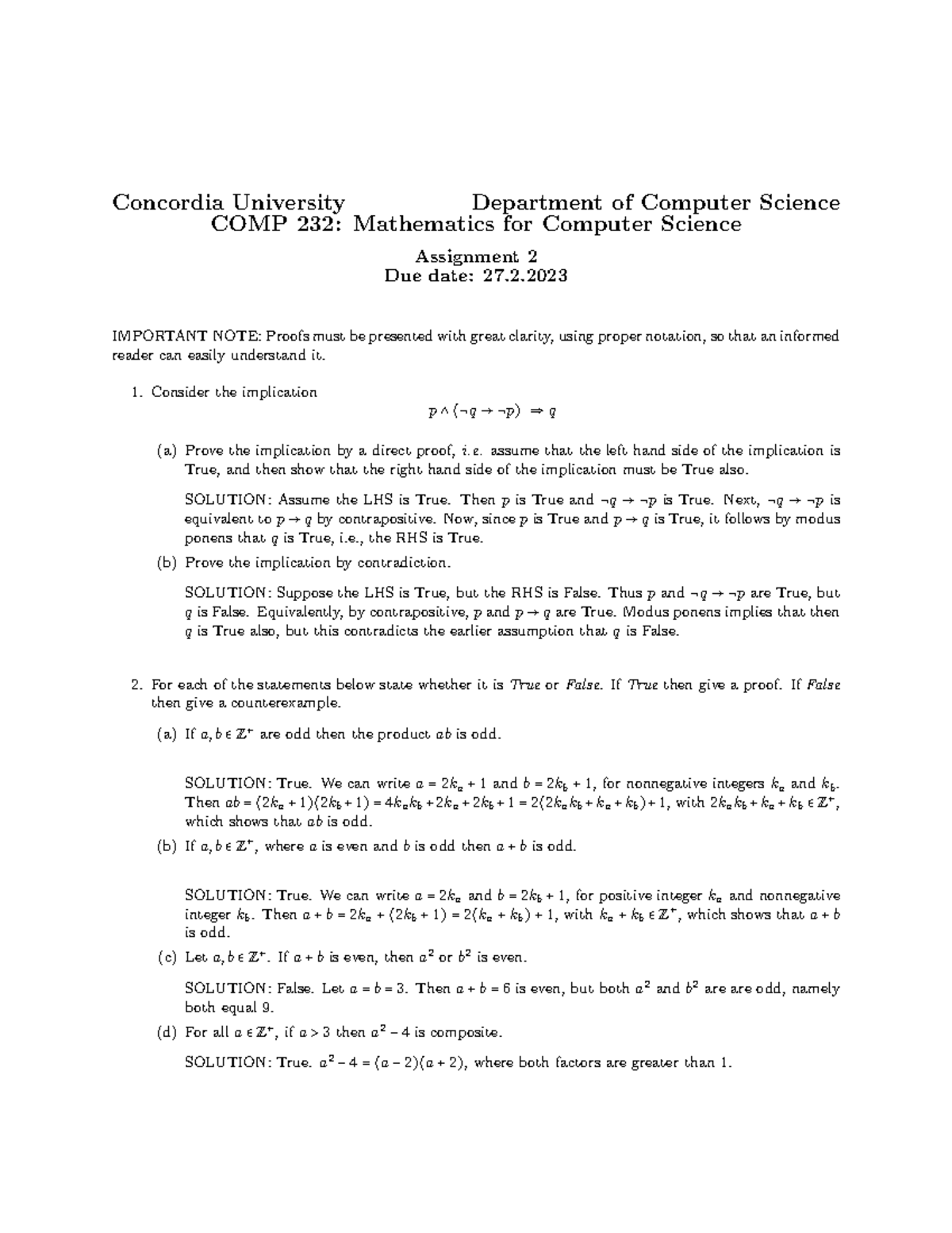 COMP232 Assignment 2 Winter 2023 Solutions - Concordia University ...