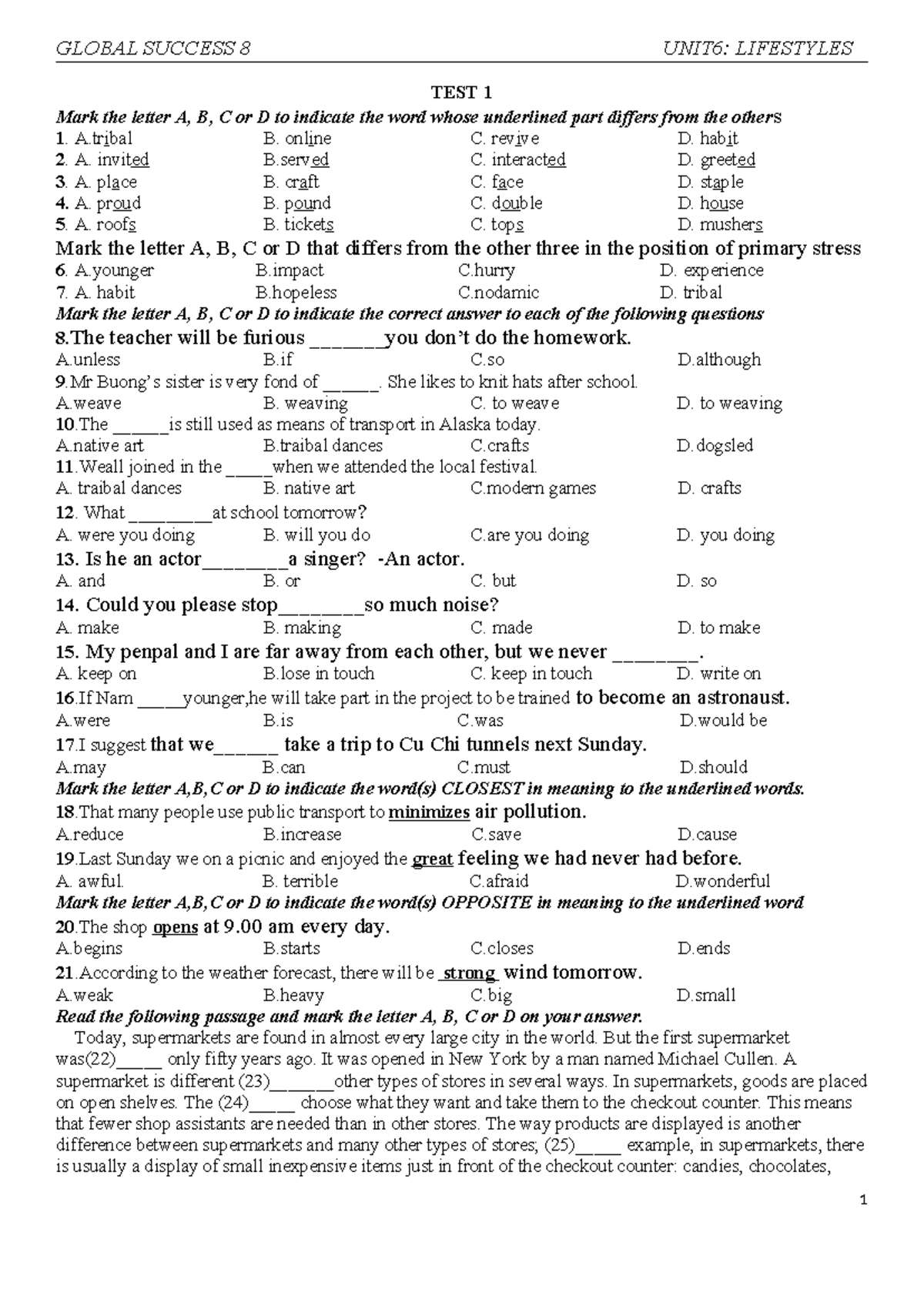 GLOBAL SUCCESS 8 UNIT 6: LIFESTYLES PRACTICE TEST - Studocu