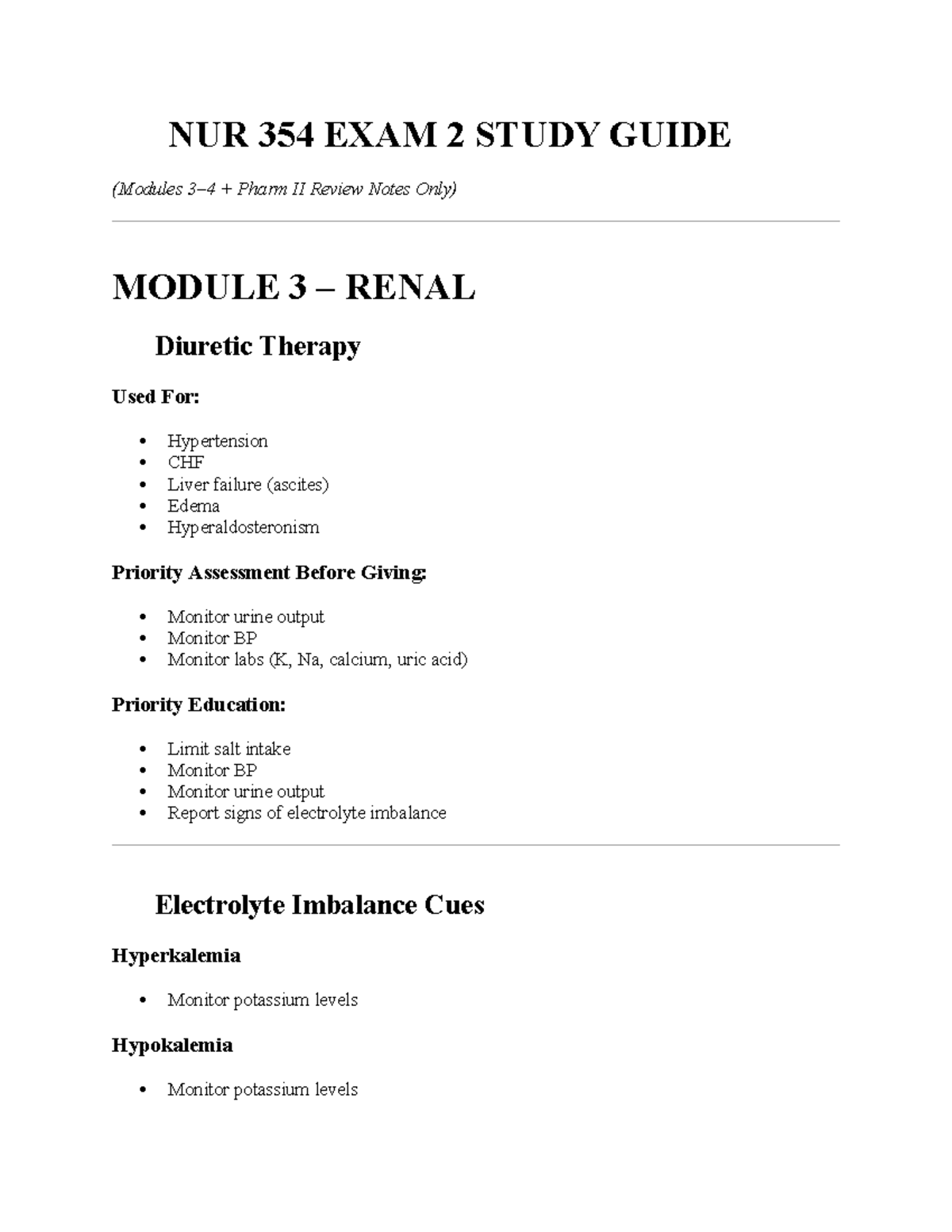 NUR 354 EXAM 2 Study Guide: Diuretic & Antihypertensive Therapy - Studocu