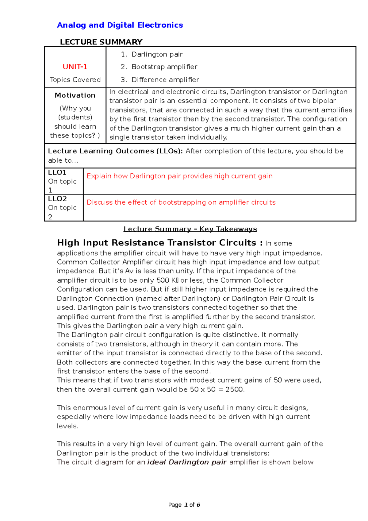 LECTURE NOTES: Darlington Pair, Bootstrap & Difference Amplifier - Studocu
