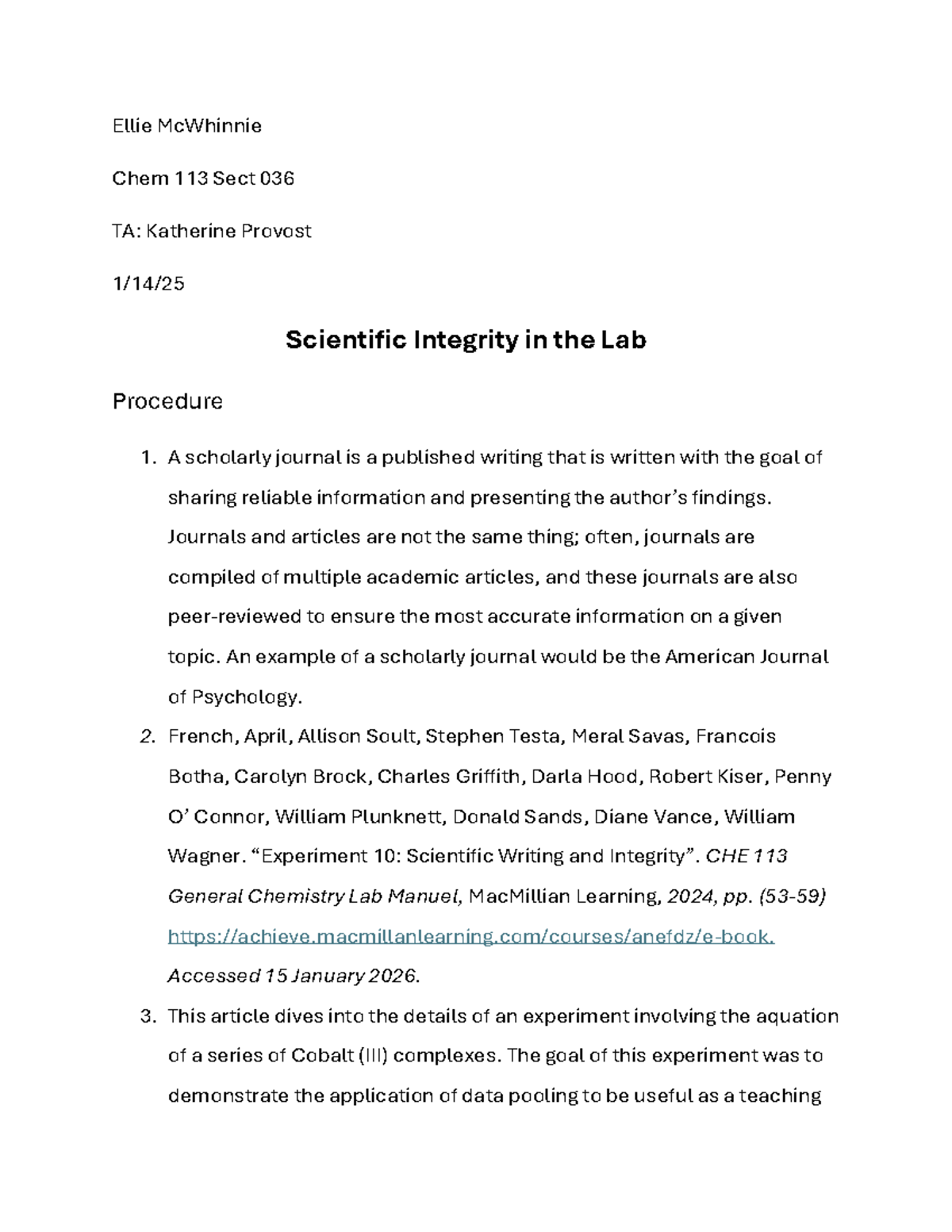 Lab Report #10: Scientific Integrity in Chem 113 Lab Procedures - Studocu