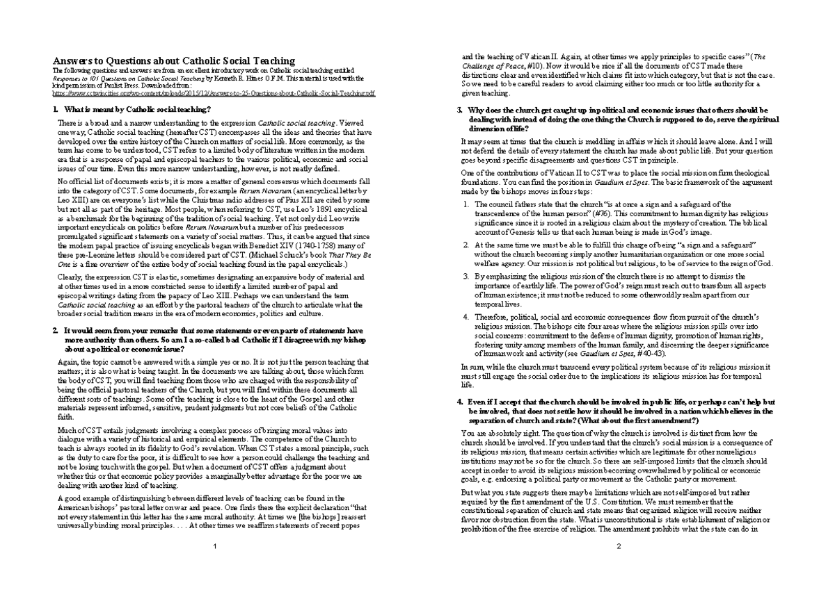 25 Questions on Catholic Social Teaching (CST) - Study Guide - Studocu