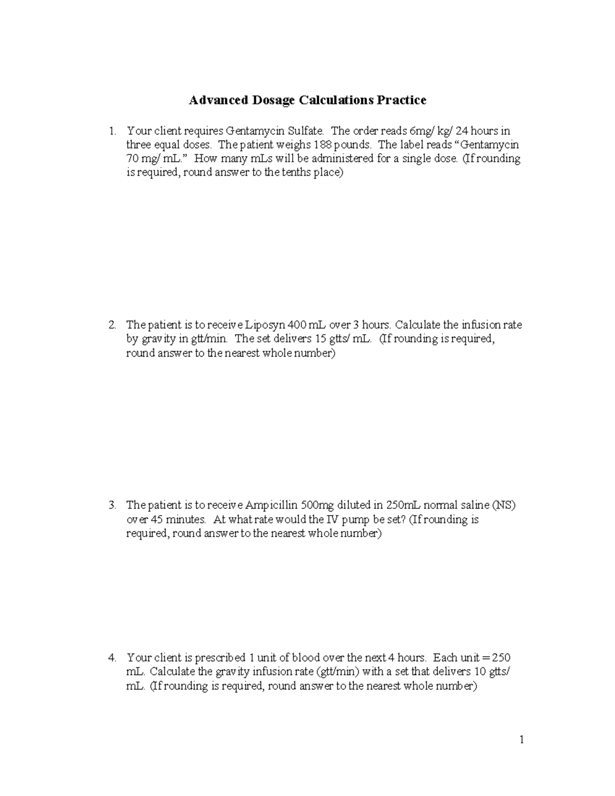 Adv Dosage Calc Packet: Practice Problems & Solutions - Studocu