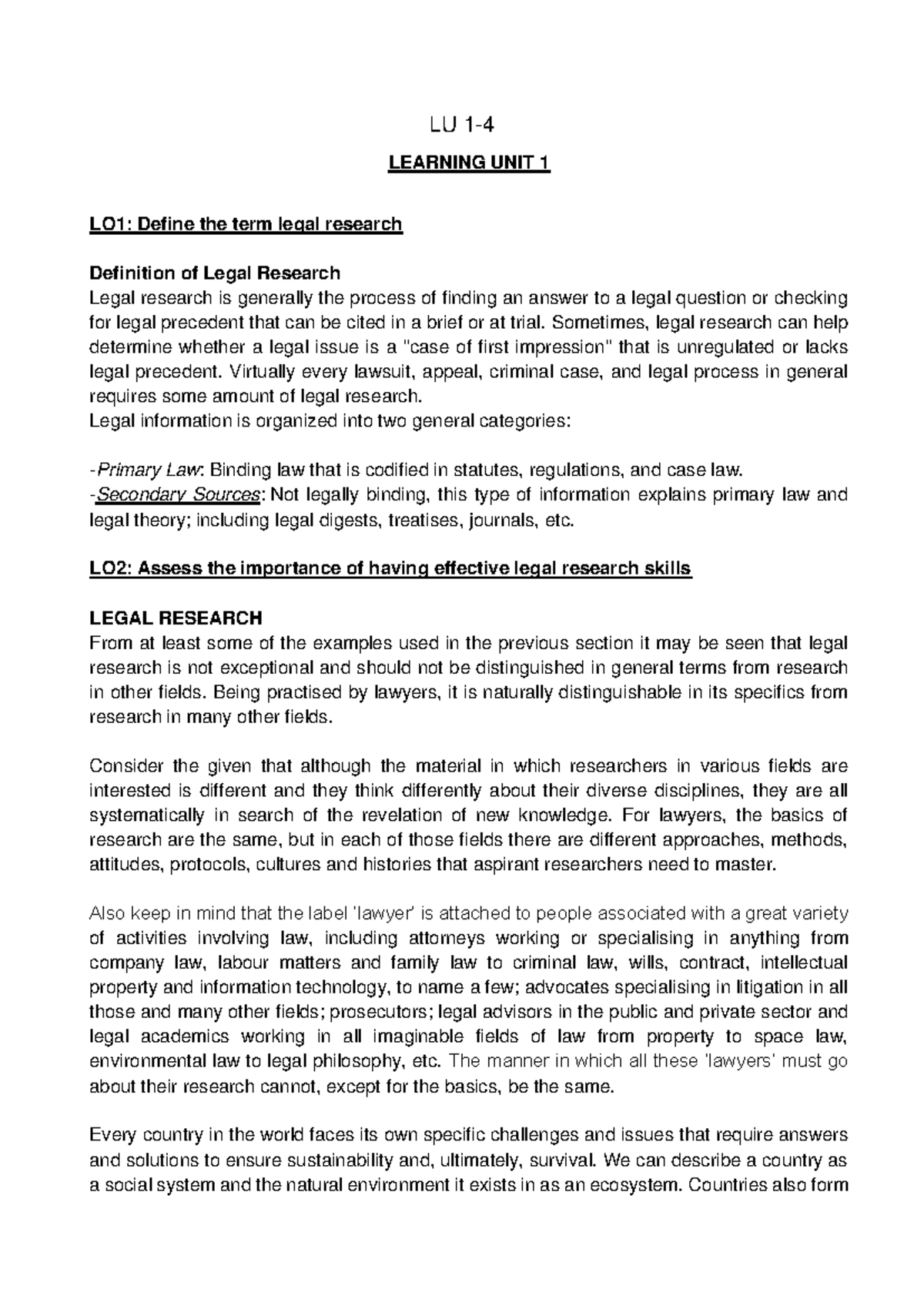 LU 1-4 and notes and - LU 1- LEARNING UNIT 1 LO1: Define the term legal ...