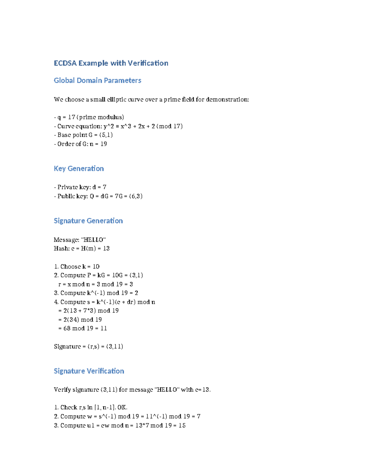 ECDSA Example - Notes on Signature Verification and Parameters - Studocu