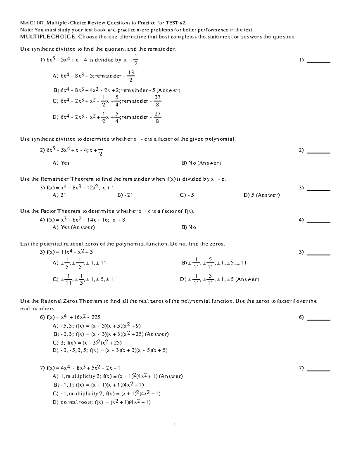 MAC1147 Test #2 Multiple-Choice Review with Answer Key - Studocu