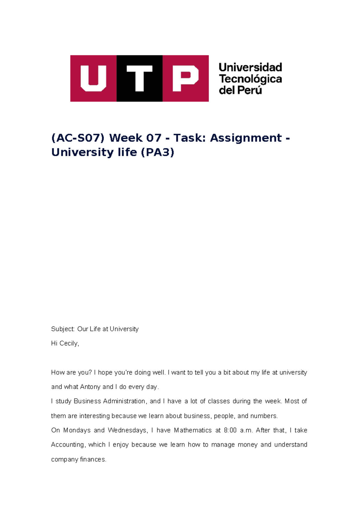 Week 07 Assignment: Insights into University Life (PA3) - Studocu