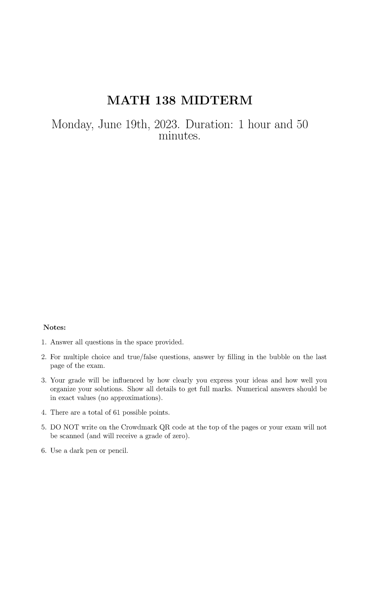 Practice Midterm 2 - MATH 138 MIDTERM Monday, June 19th, 2023. Duration ...