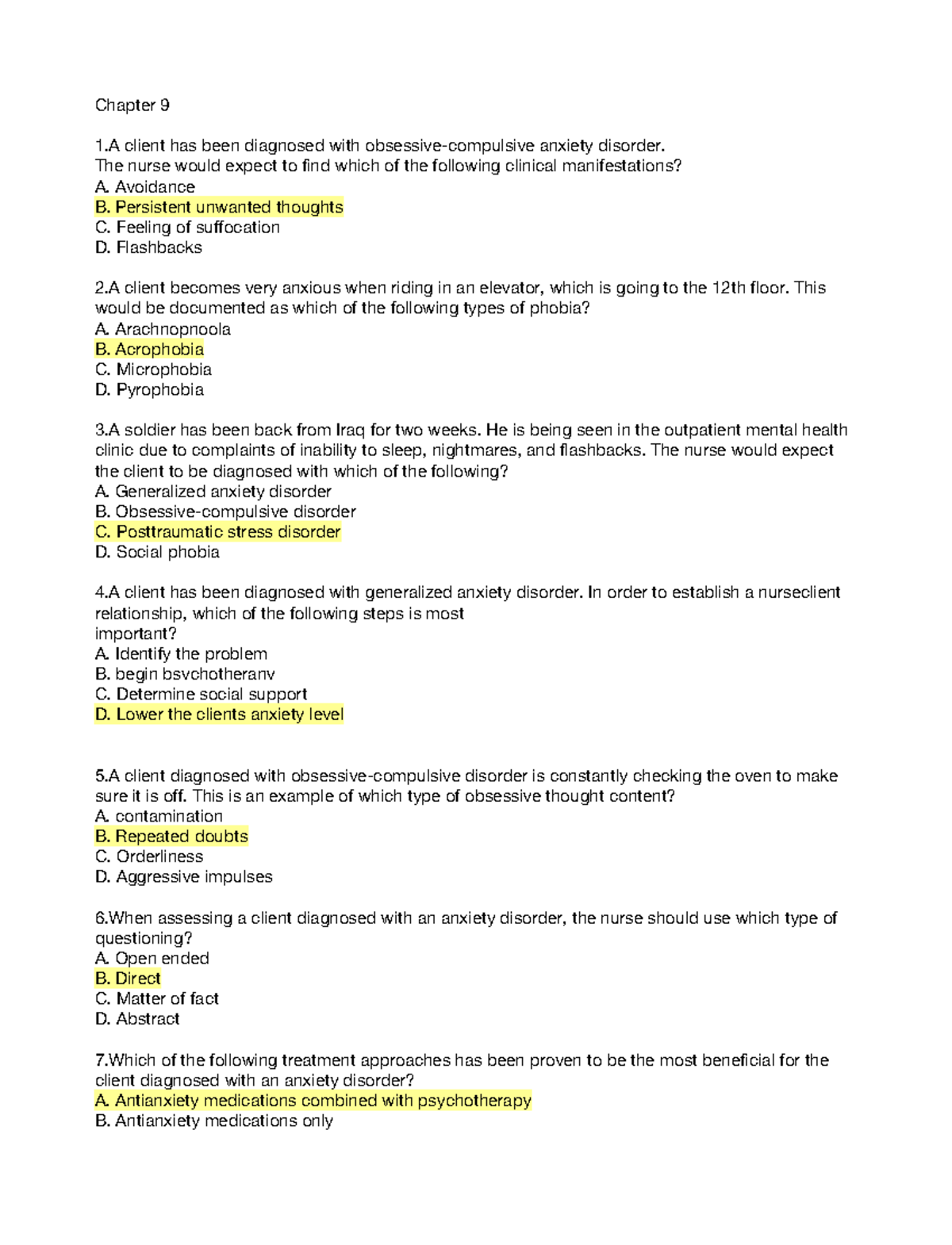 MH - Test 4 Study Guide: Anxiety Disorders and Related Conditions - Studocu
