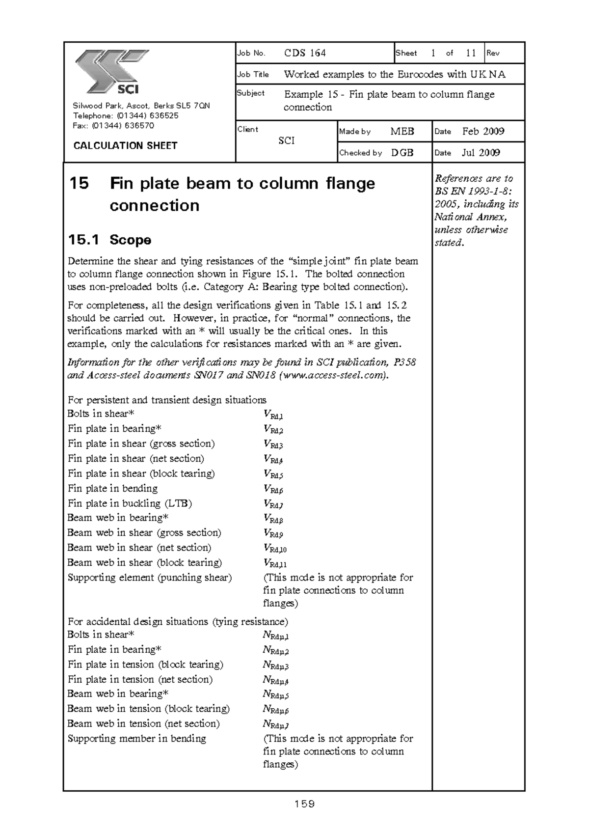 SCI P364 Design Worked Examples: Fin Plate Beam to Column Flange ...