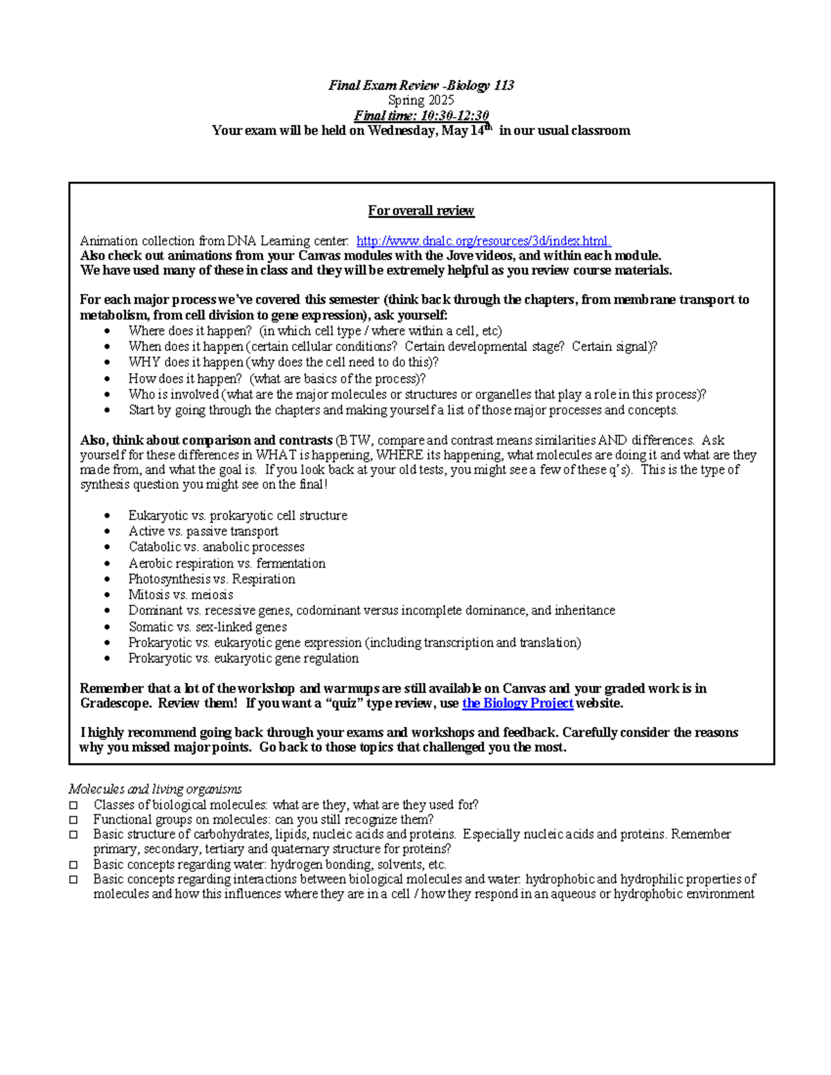 Bio113 Final Exam Review Spring 2025: Key Concepts and Processes - Studocu