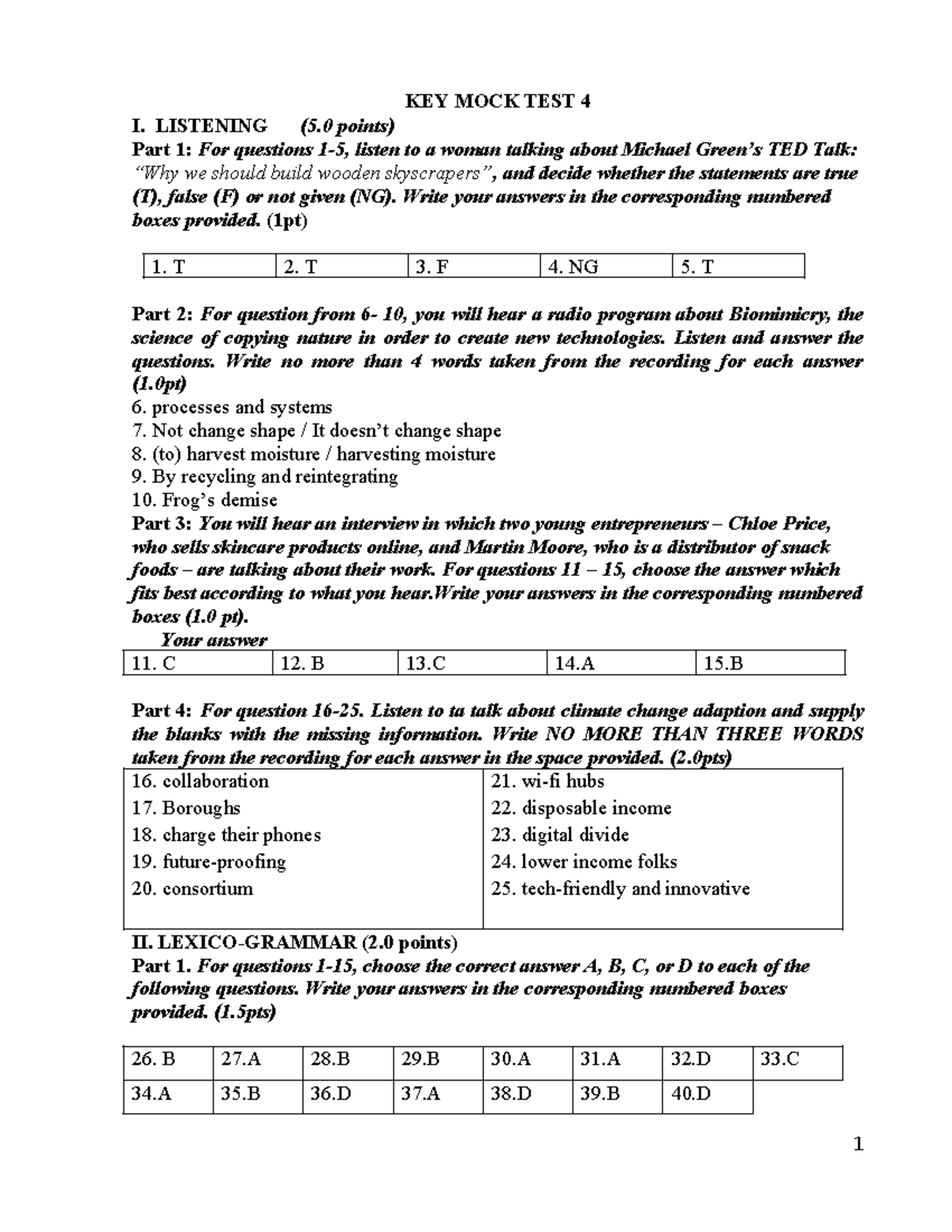 KEY MOCK TEST 4 - LISTENING & READING PRACTICE TEST 5 - Studocu