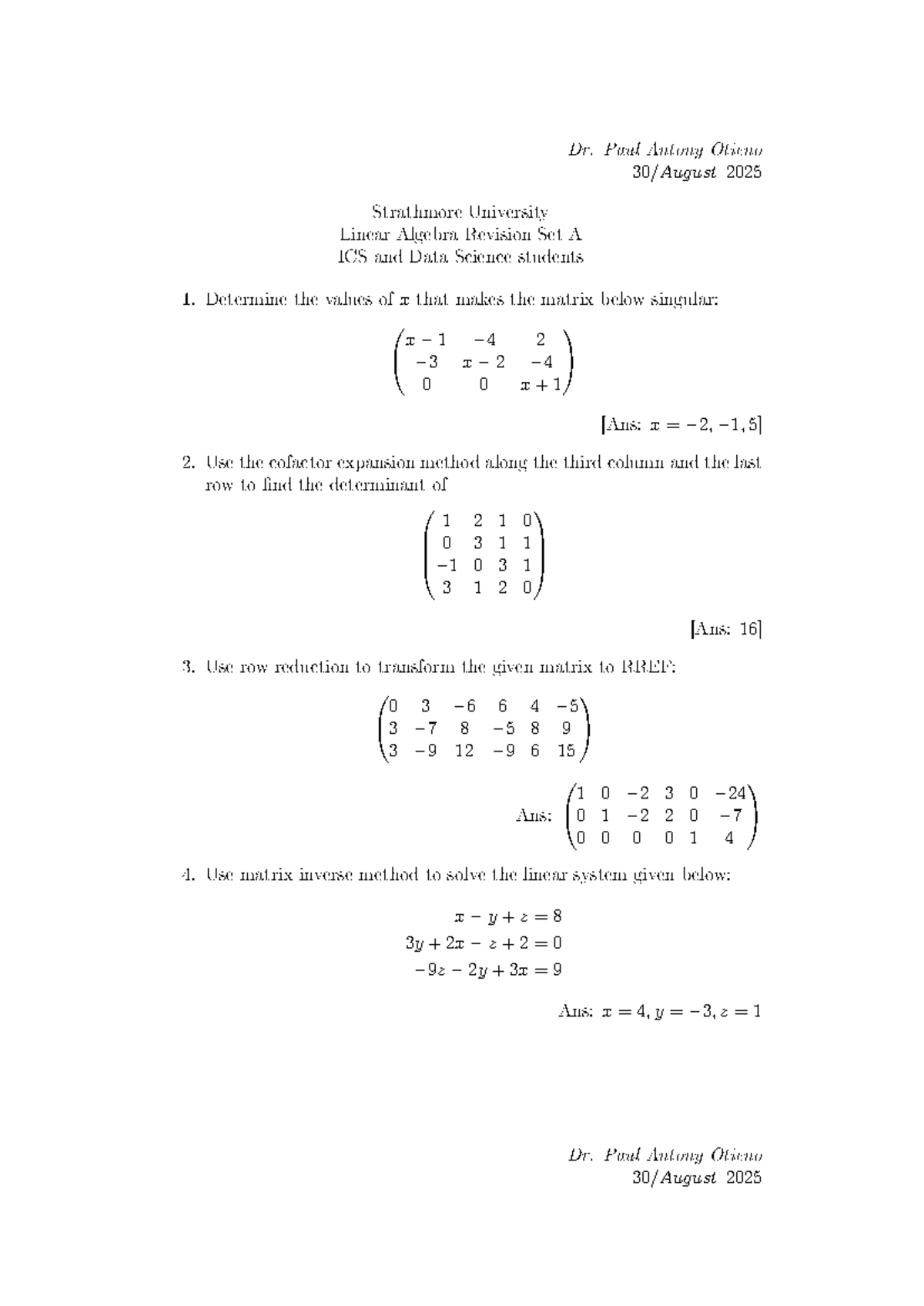 Linear Algebra - Revision Set A (ICS & Data Science) - Studocu