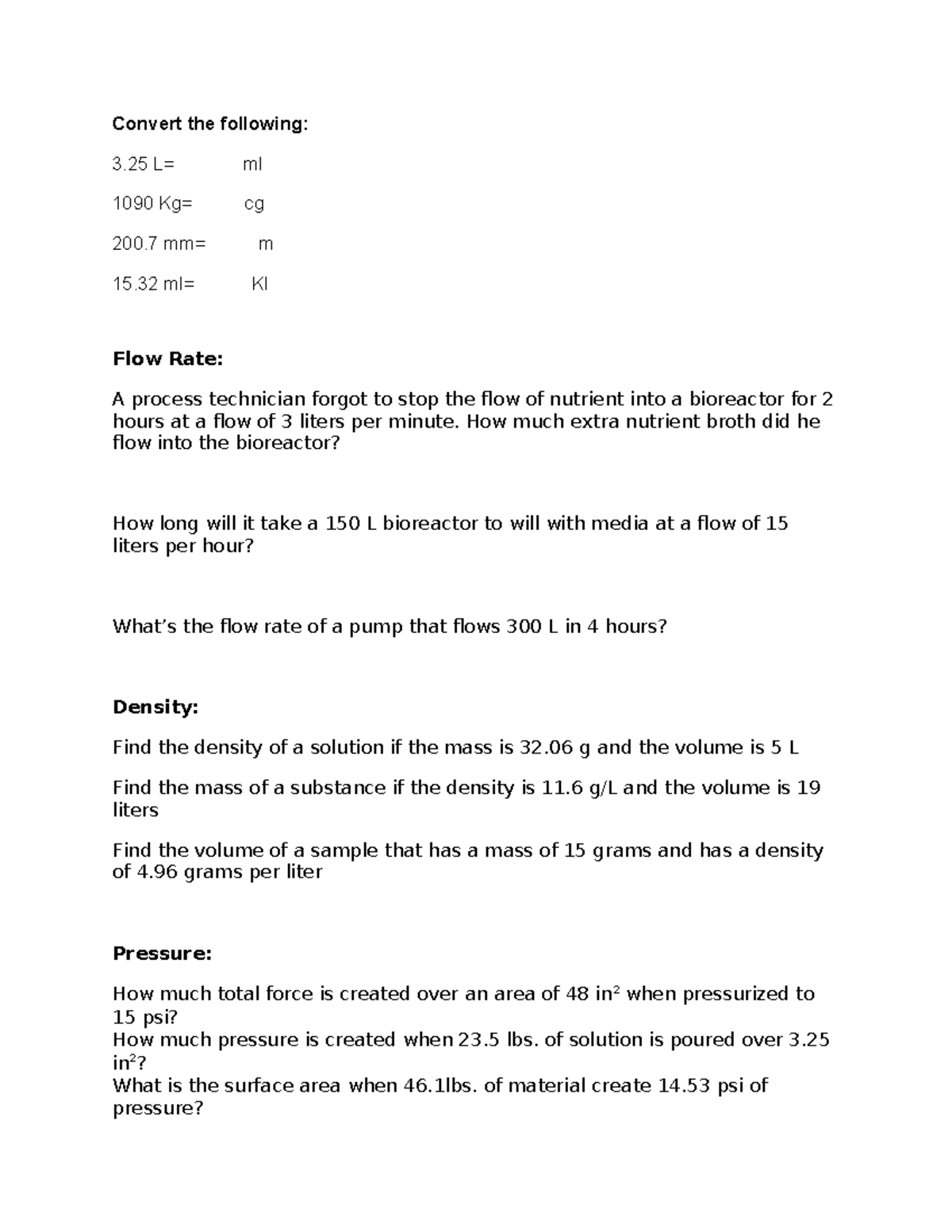Unit 3 Practice Problems: Flow Rate, Density, and Pressure Calculations ...
