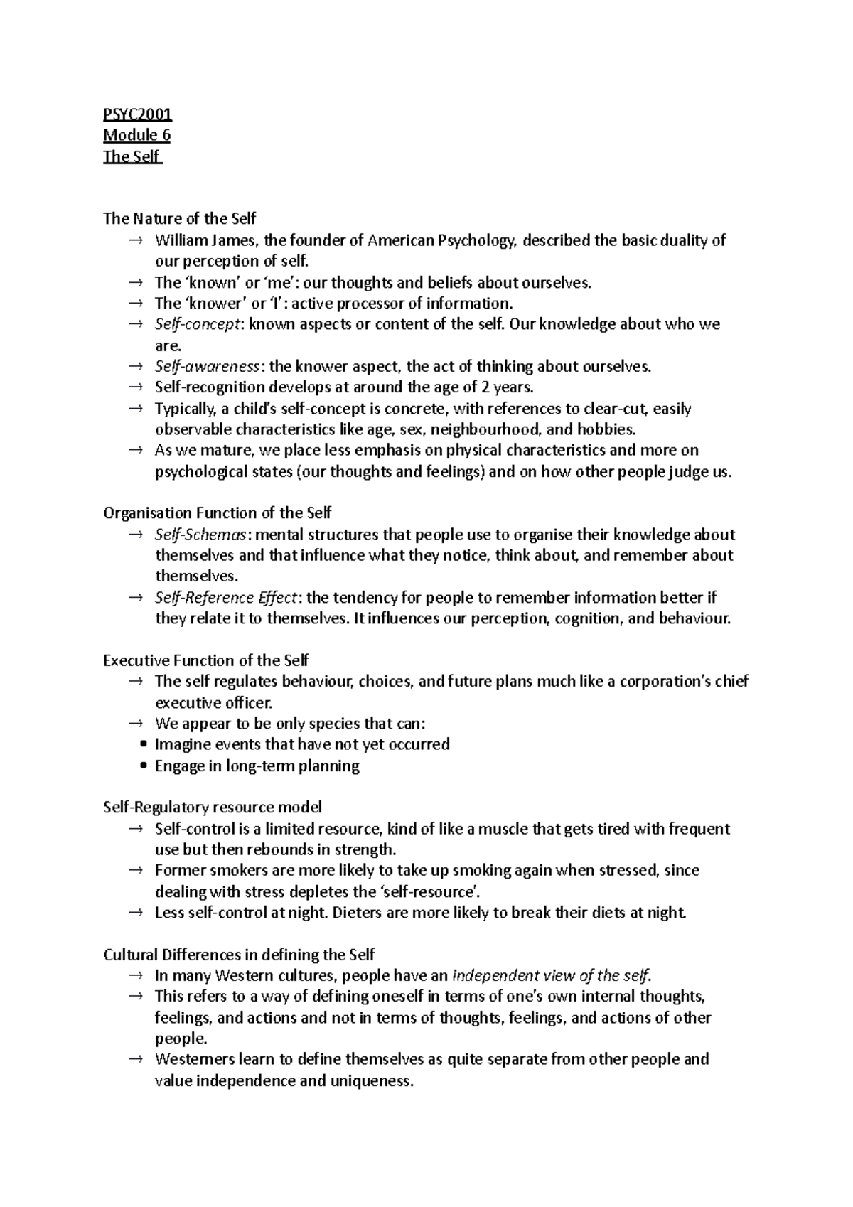 PSYC Module 6 - The Self: Lecture Notes and Key Concepts - Studocu