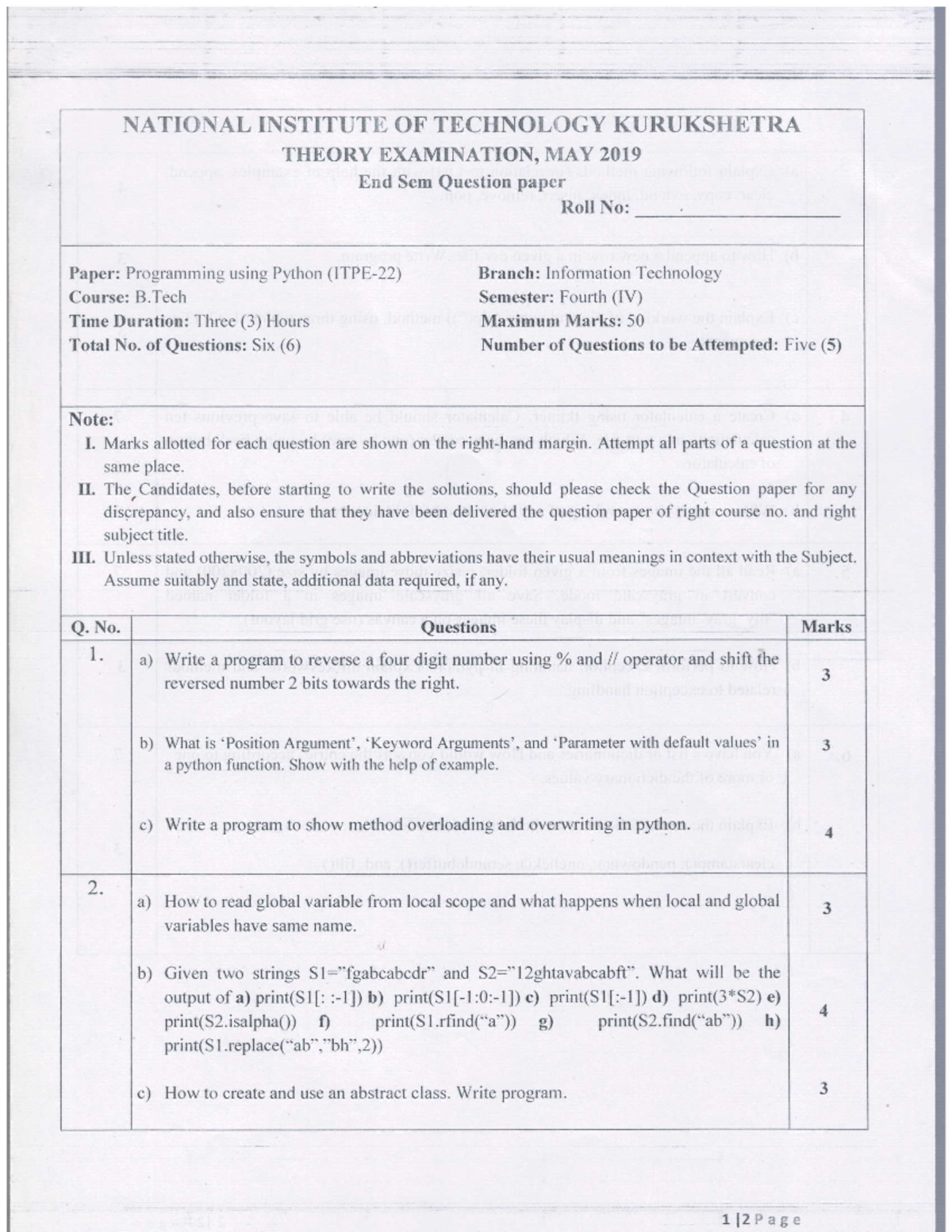 B.Tech IV Sem End Sem Exam: Python Programming May 2019 Set 1 - Studocu