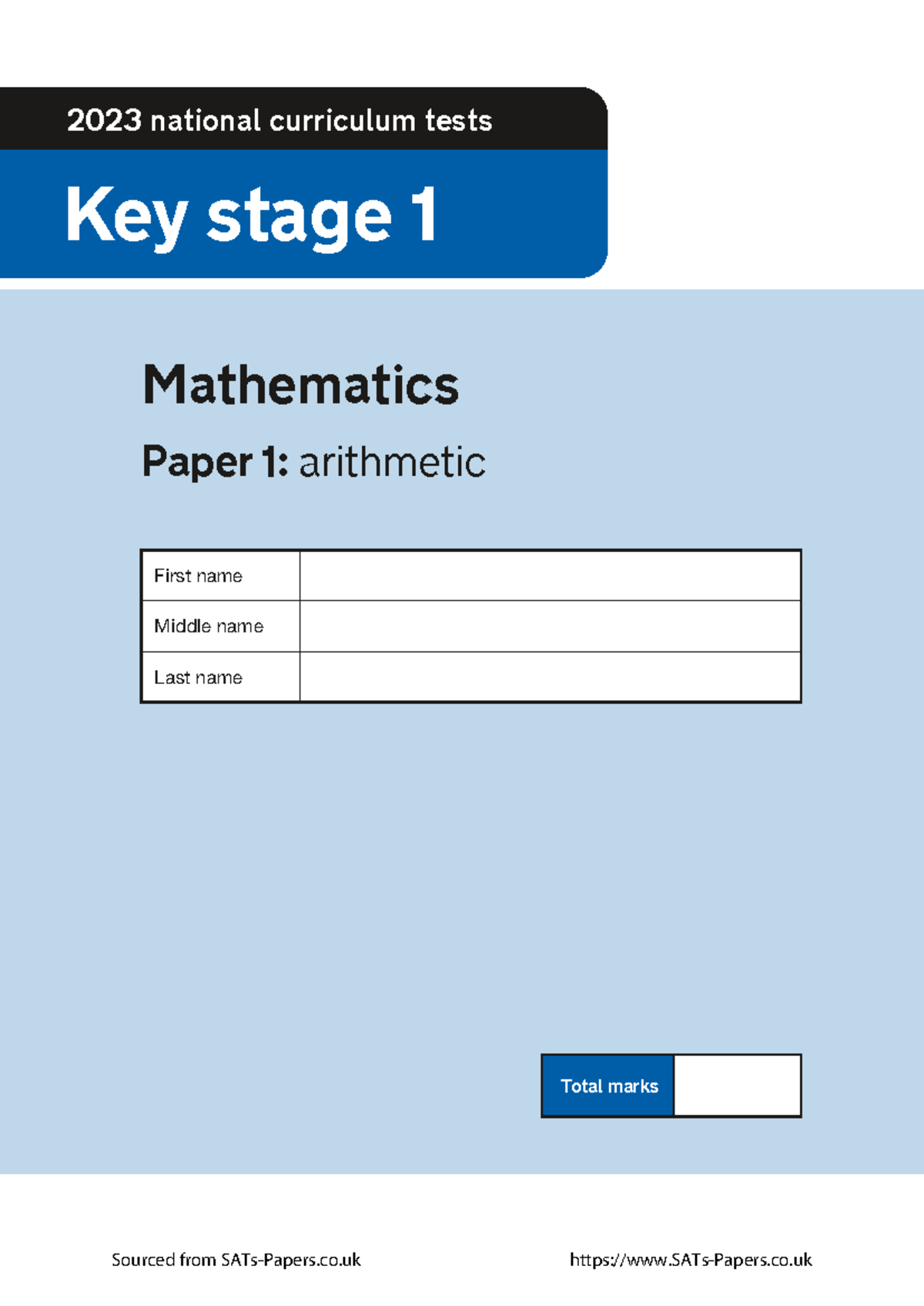 KS1 Mathematics 2023 Paper 1: Arithmetic Test Document - Studocu