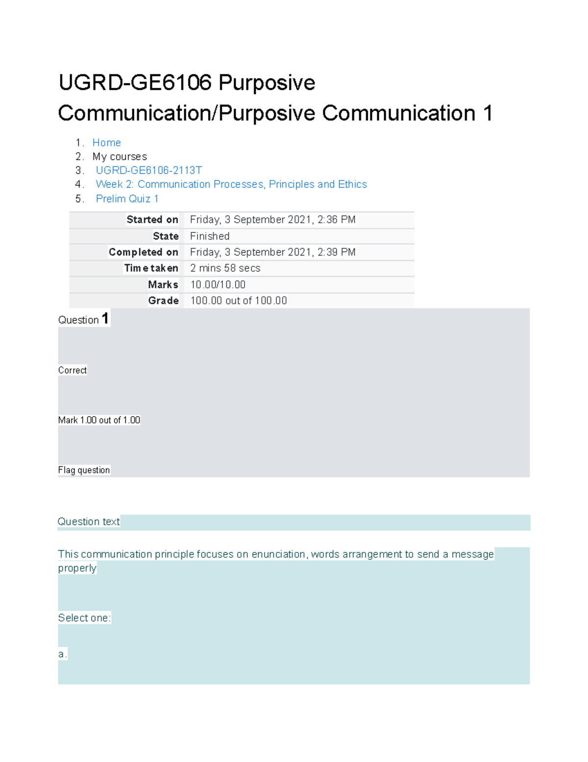 UGRD-GE6106 Prelim Quiz 1: Principles of Communication Insights - Studocu
