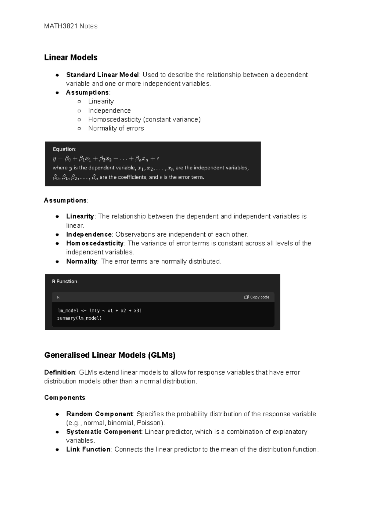 MATH3821-Midterm-Notes on Linear Models and Generalized Linear Models ...