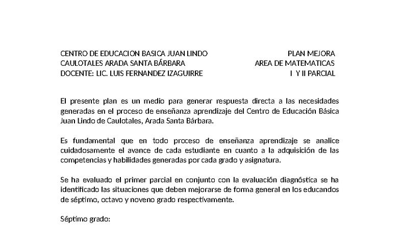 Plan de Mejora en Matemáticas I y II - Parcial 2025 - Studocu