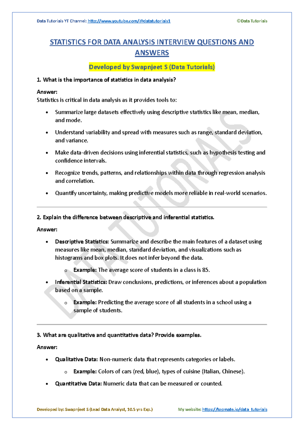 Statistics Interview Questions & Answers: Data Analysis Insights - Studocu