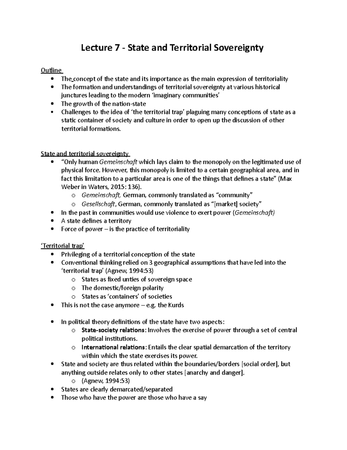 Lecture 7 - State and Territorial Sovereignty - Lecture 7 - State and ...
