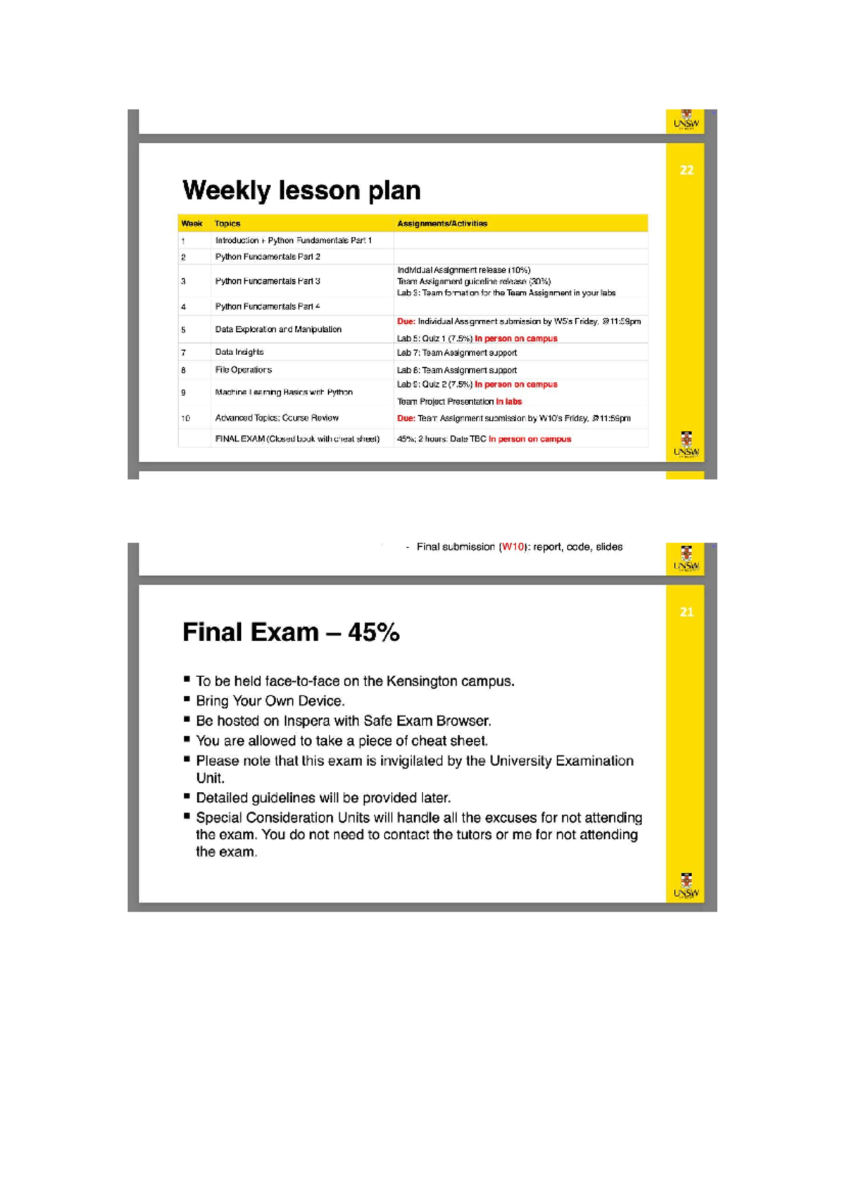 UNSW 22 Weekly Lesson Plan: Python Fundamentals & Final Exam Details ...