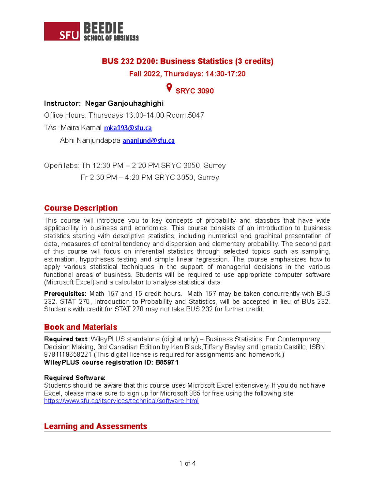 BUS 232 D200: Business Statistics Outline and Schedule Fall 2022 - Studocu
