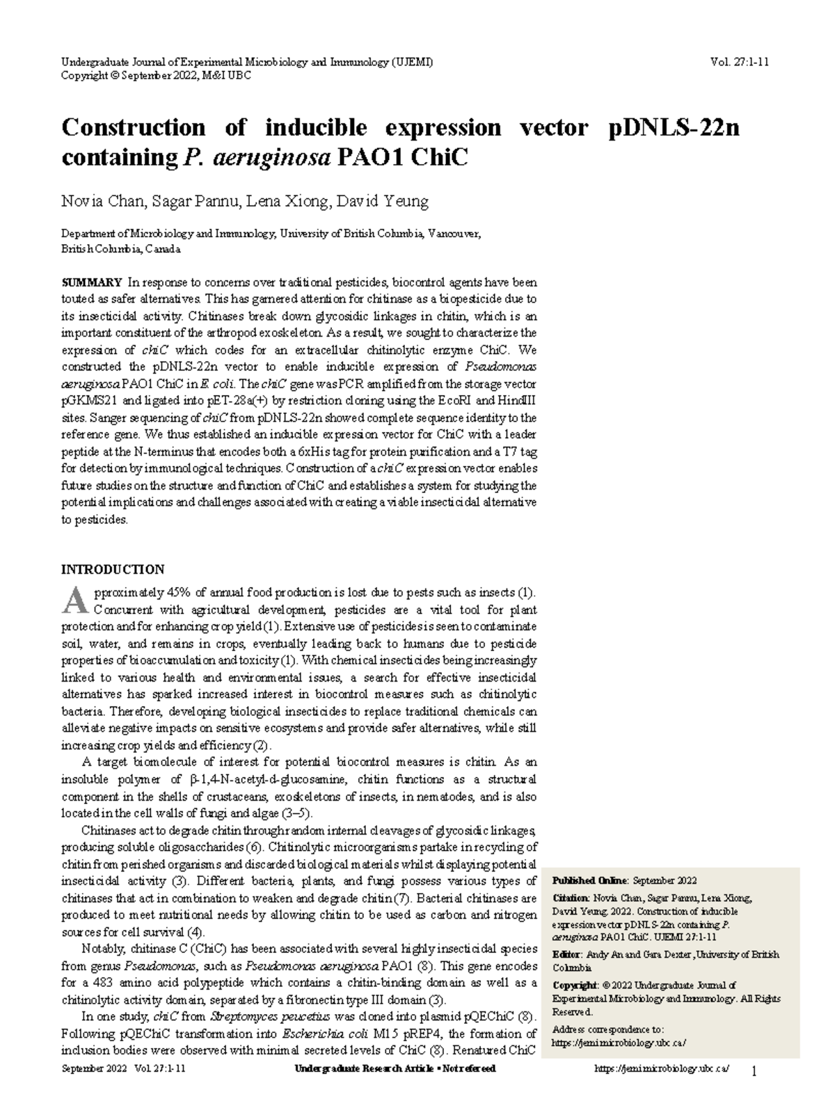 Construction of Inducible Expression Vector for P. aeruginosa PAO1 ChiC ...