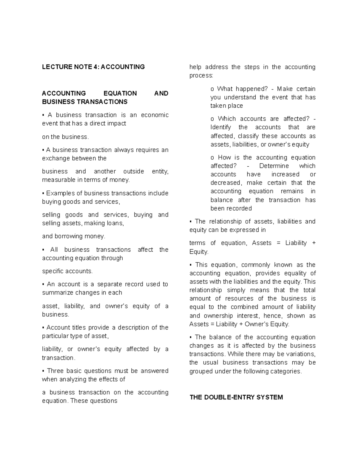 Lecture Note 4: Accounting - The Basics of Business Transactions and ...