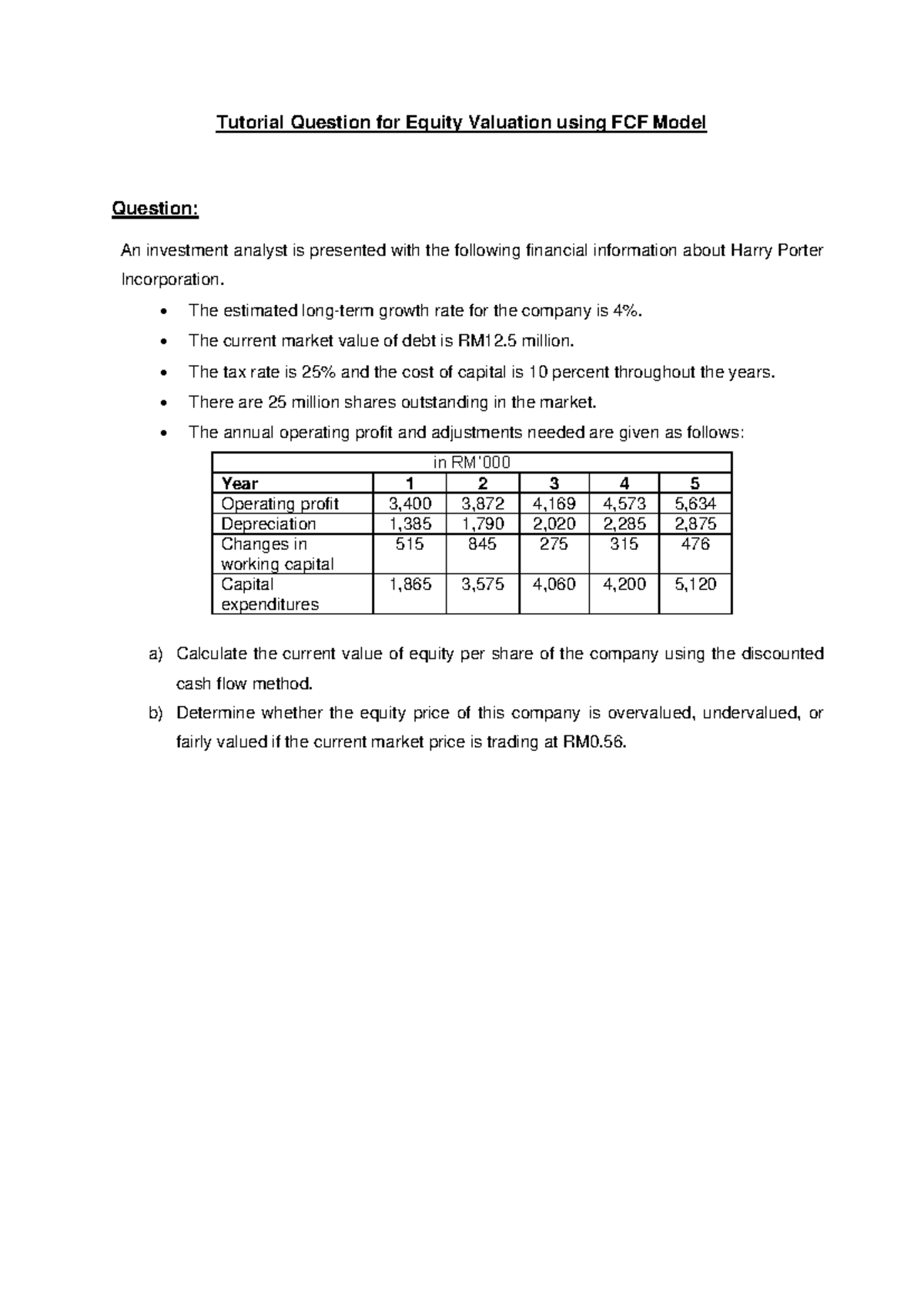 Equity Valuation Tutorial Qs: FCF Model Analysis for Harry Porter Inc ...