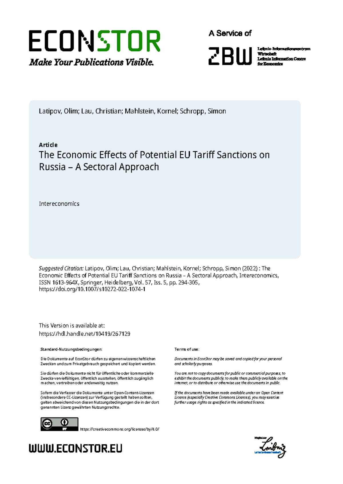 The Economic Effects of EU Tariff Sanctions on Russia: A Sectoral ...