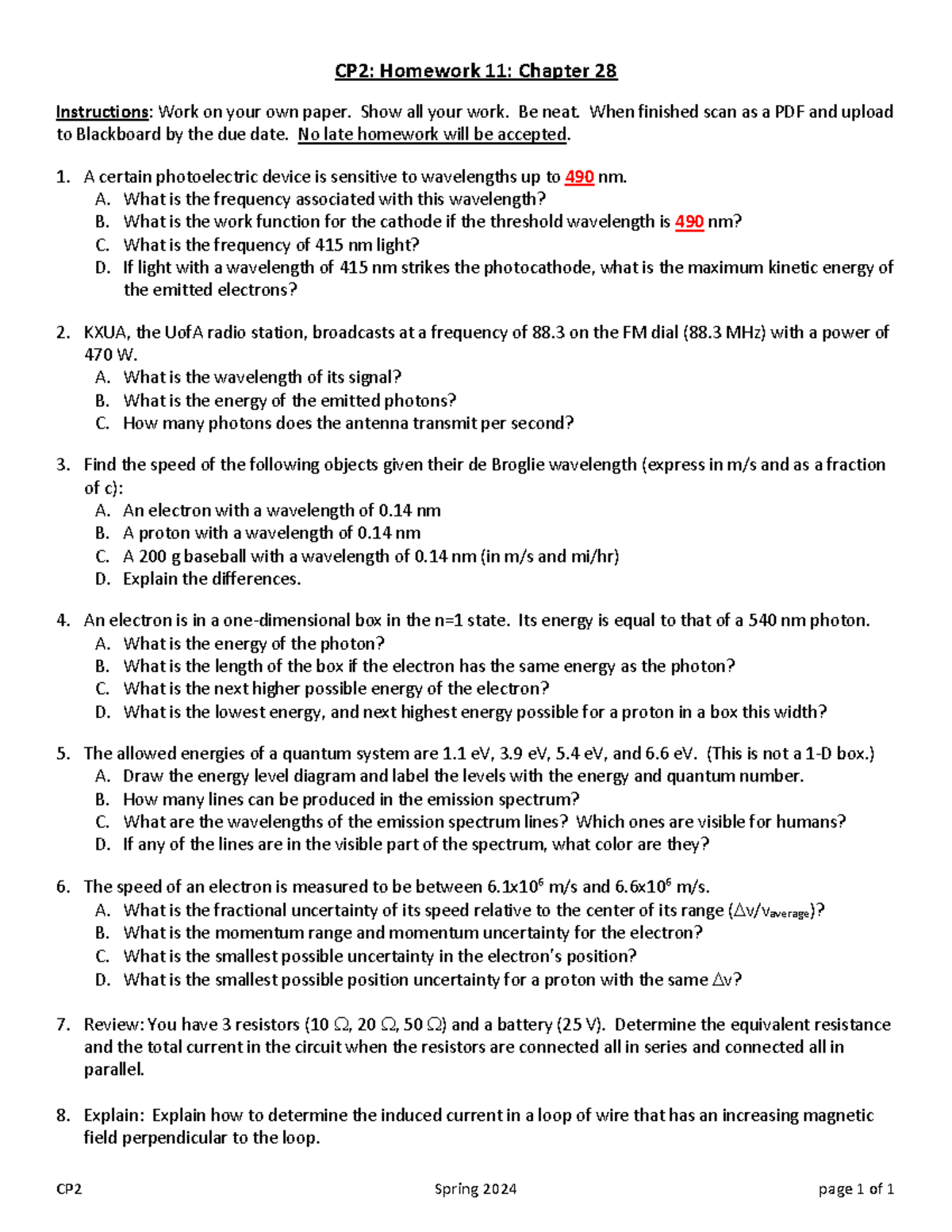 CP2 HW11 Ch28 - homework - CP2 Spring 20 24 page 1 of 1 CP2: Homework 1 ...
