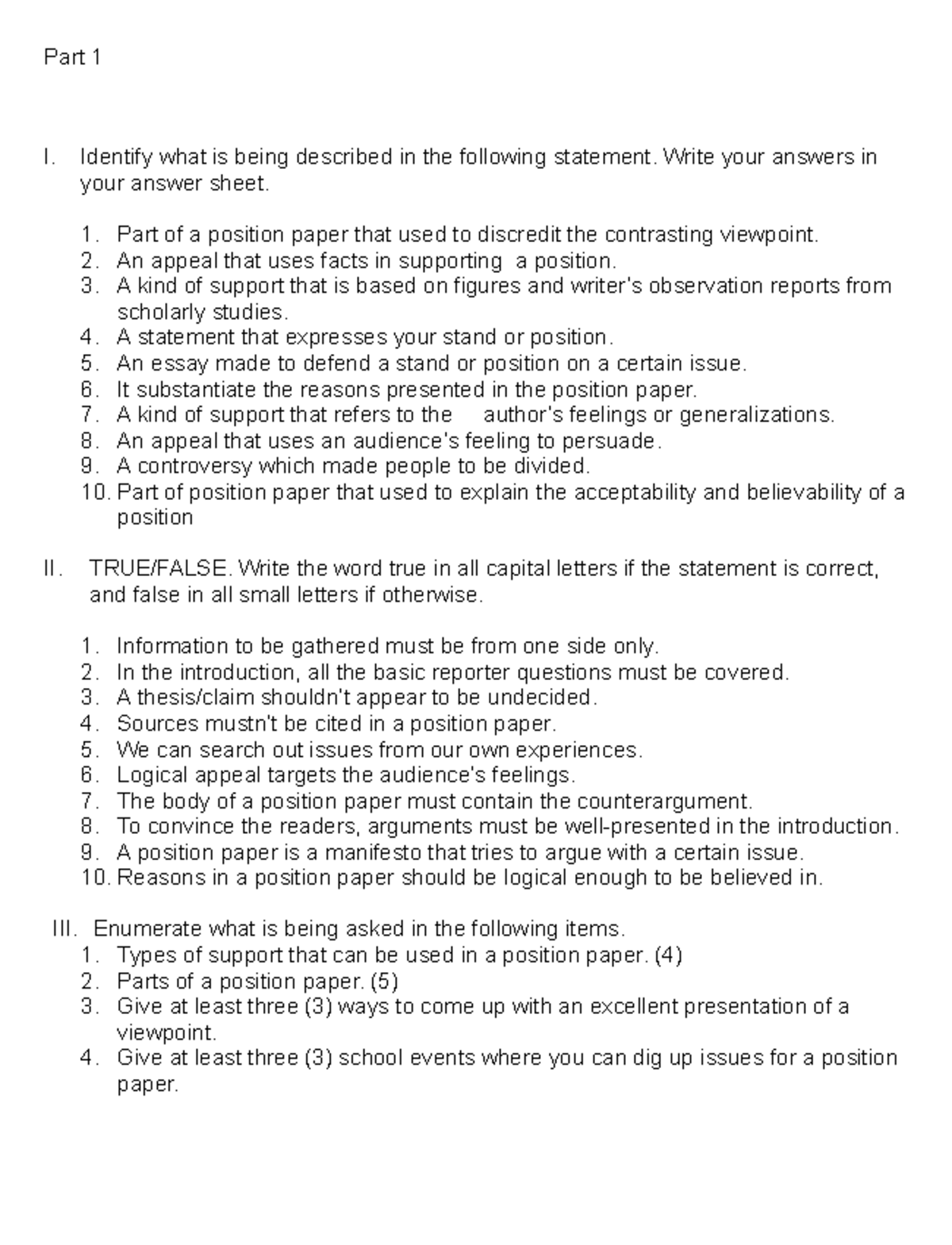 Quiz on Position Paper: Practice Materials and Key Concepts - Studocu