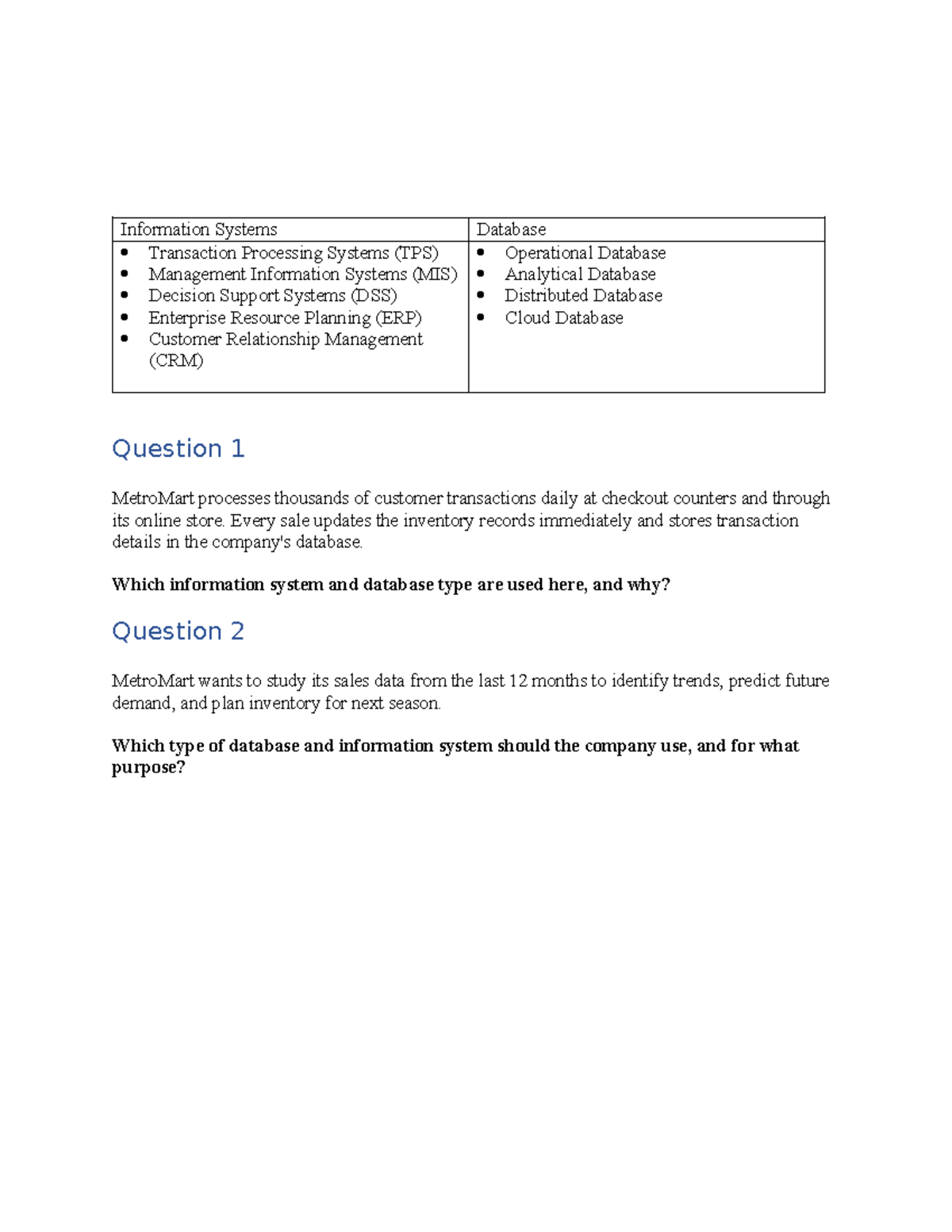 Database Case Study: TPS, MIS, DSS, ERP, CRM Analysis - Studocu
