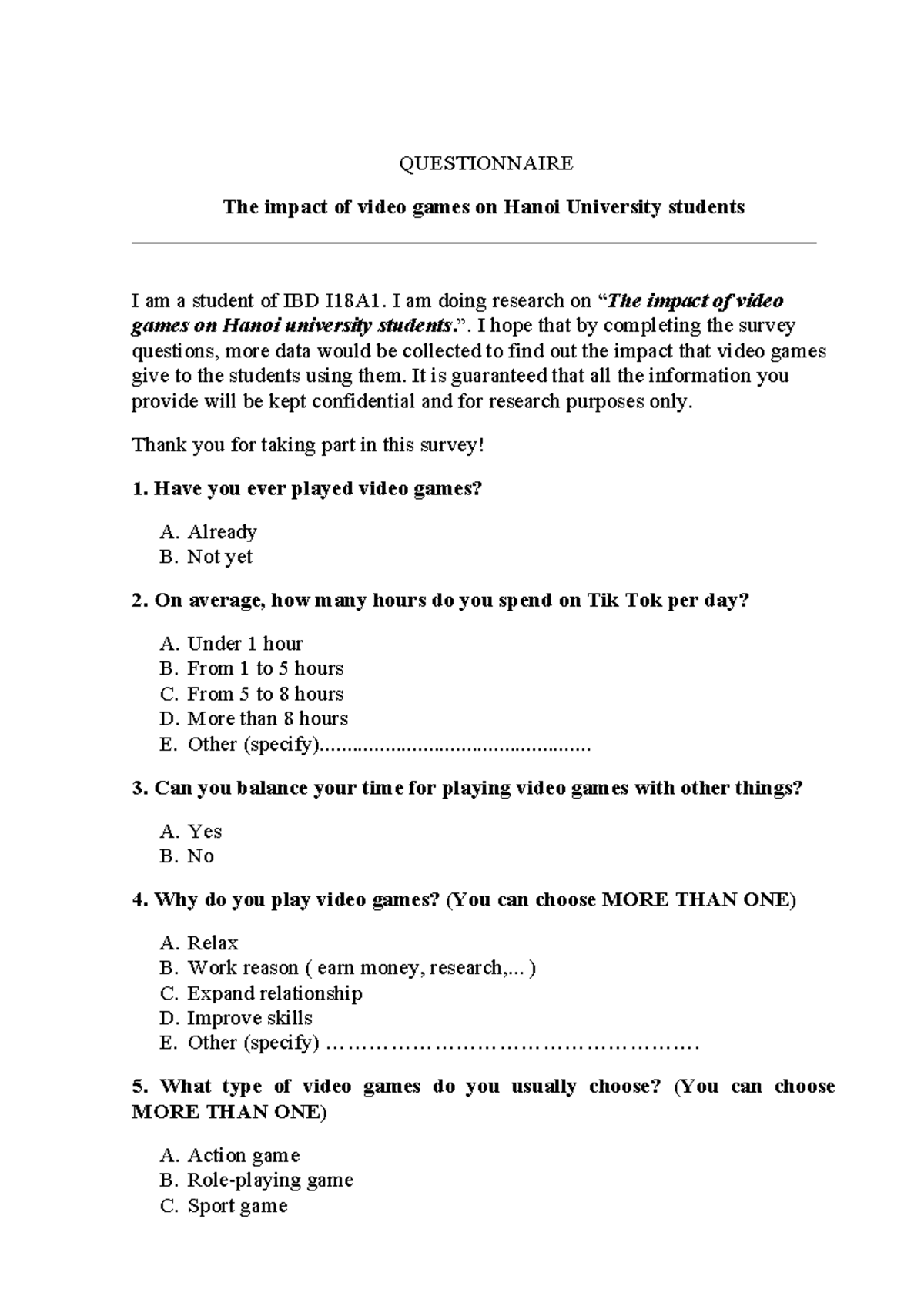 IBD I18A1: Questionnaire on Video Games' Impact on Students - Studocu