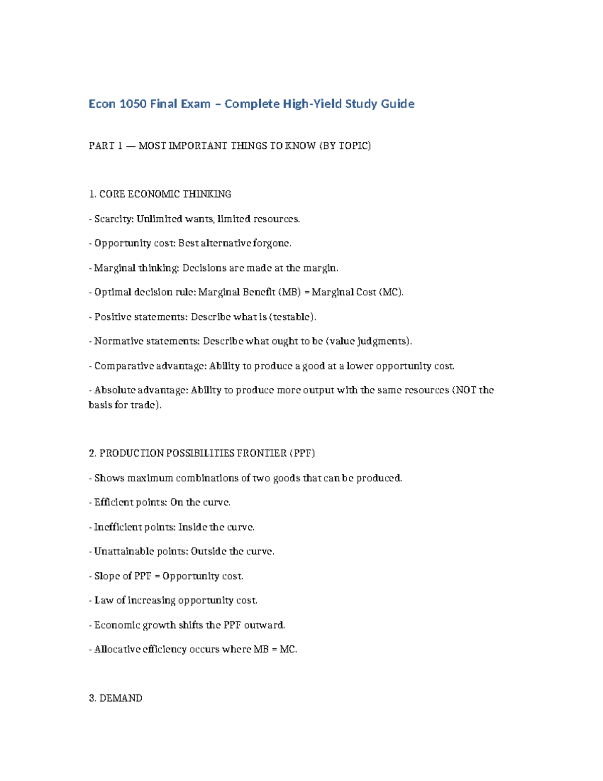 Econ 1050 Final Exam Comprehensive Study Guide: Key Concepts & Formulas ...