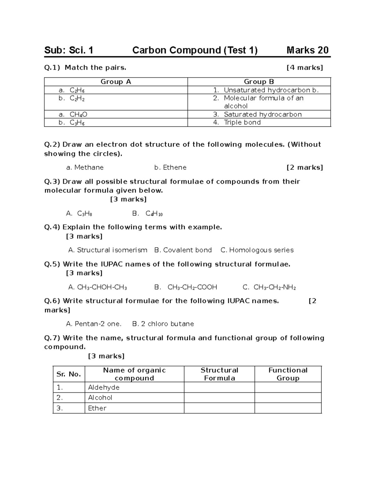 Carbon Compounds Test-1 (Sci. 1) - Marking Guide and Questions - Studocu