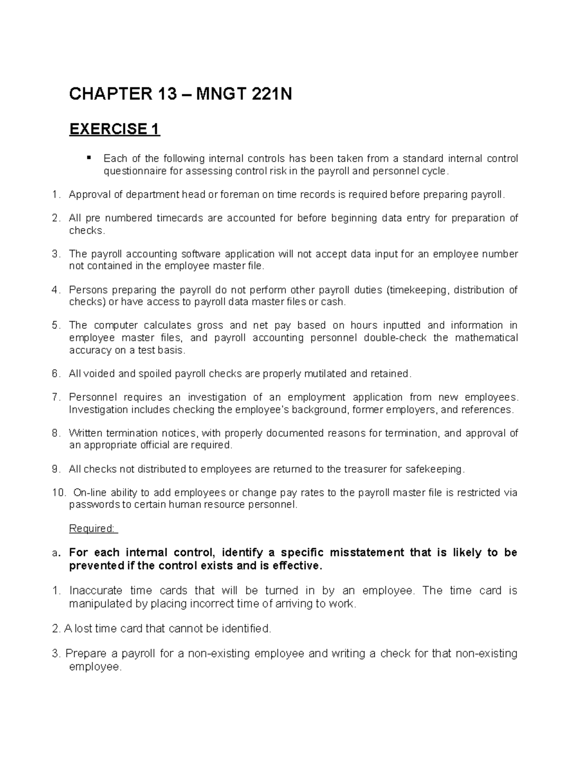 Chapter 13 - Internal Controls & Misstatements in MNGT 221N - Studocu