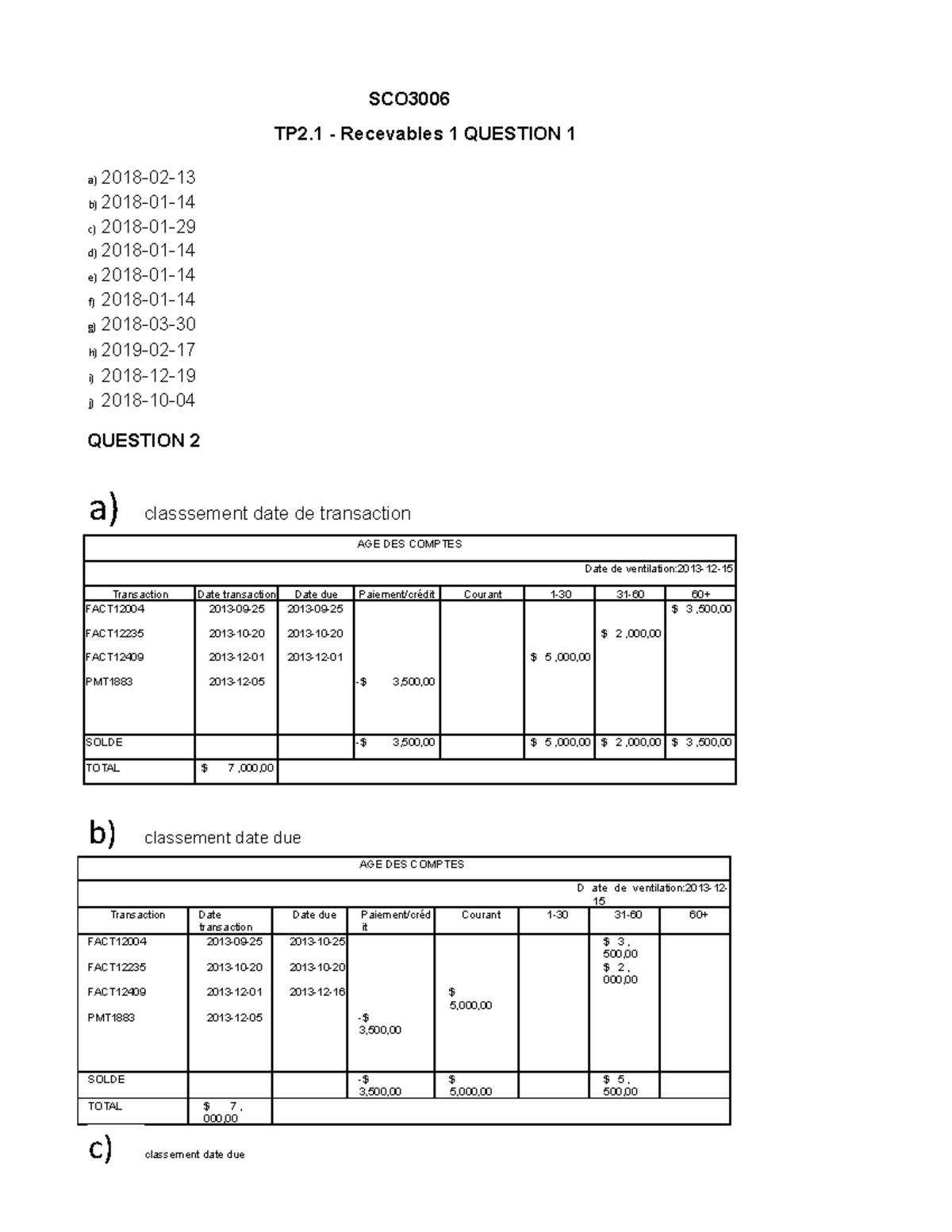 TP2 - TP2 - SCO3006 TP2 Recevables 1 QUESTION 1 b) c) d) e) f) g) h) i ...
