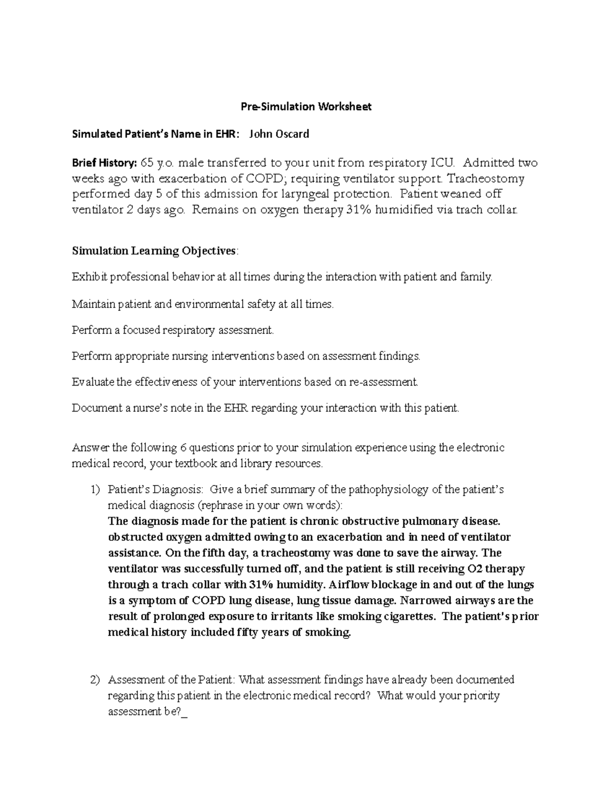 Pre-Simulation Worksheet for Sim 2 in Nursing 392: COPD Patient ...