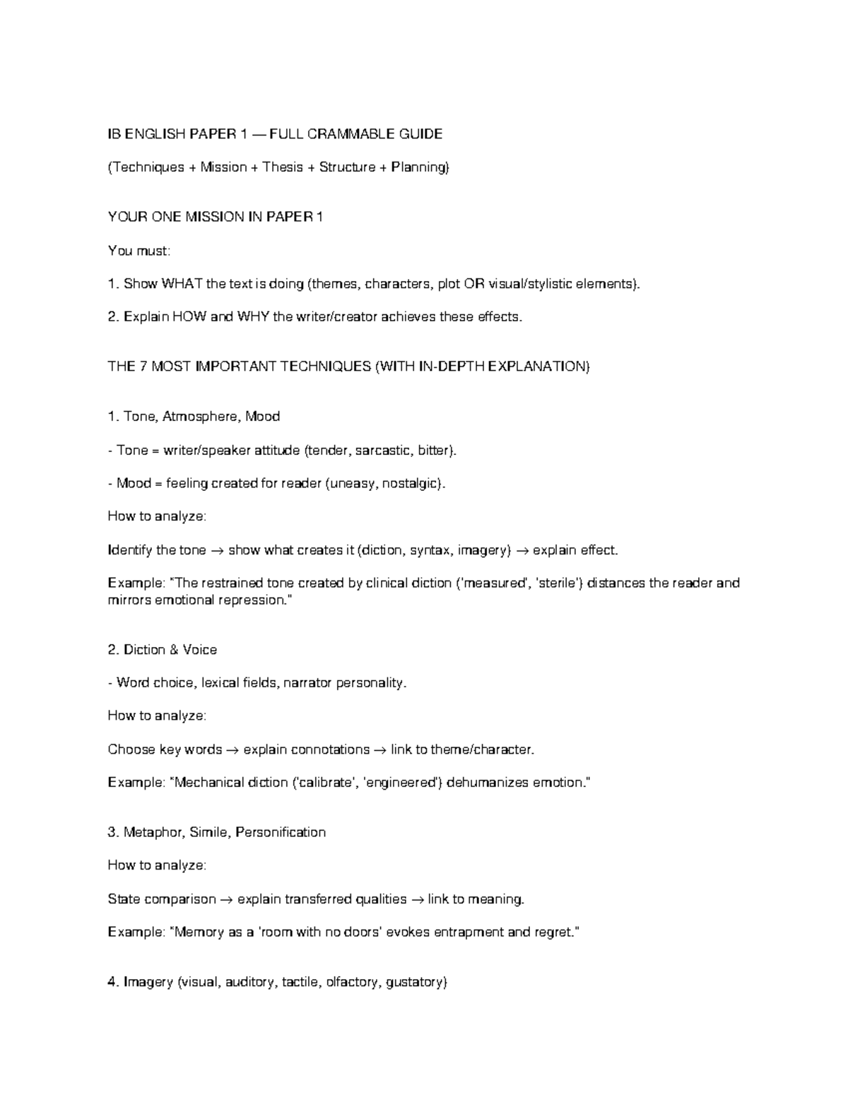 IB ENGLISH PAPER 1 Cramming Guide: Techniques & Thesis Structure - Studocu