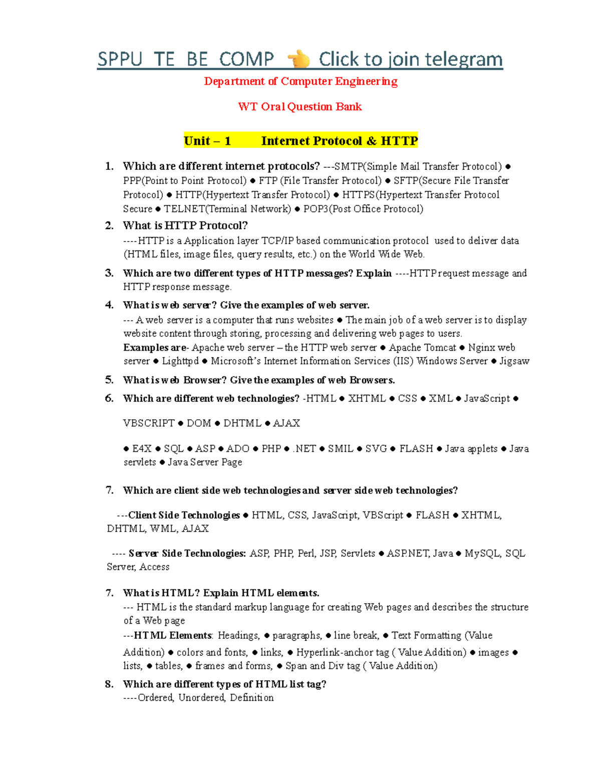 WT Oral Question Bank with Answers - Computer Engineering (SPPU_TE_BE ...