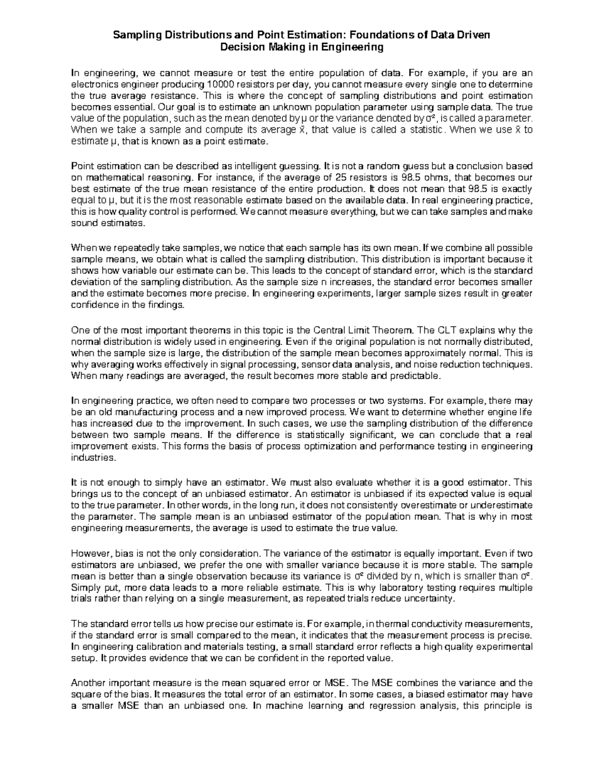 Sampling Distributions & Point Estimation in Engineering (ENG 101 ...