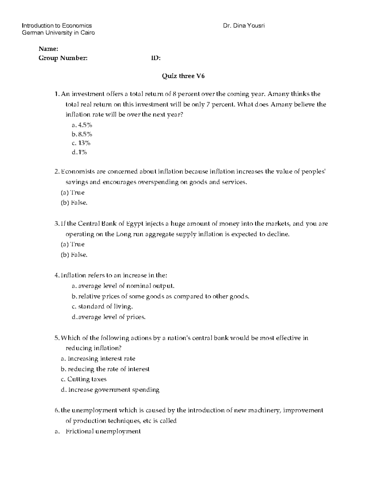 Quiz 1: Economics Concepts and Inflation - Dr. Yousri - Studocu