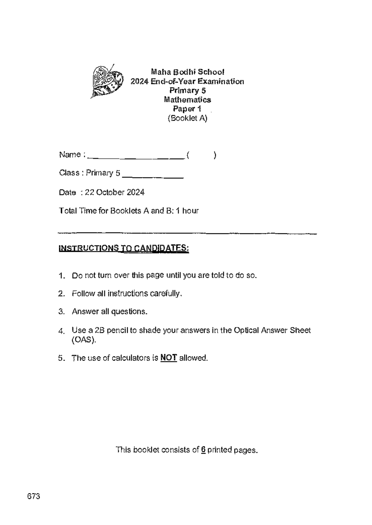 P5 Maths Eoy 2024 Exam Paper 1 Booklet A Maha Bodhi School Studocu