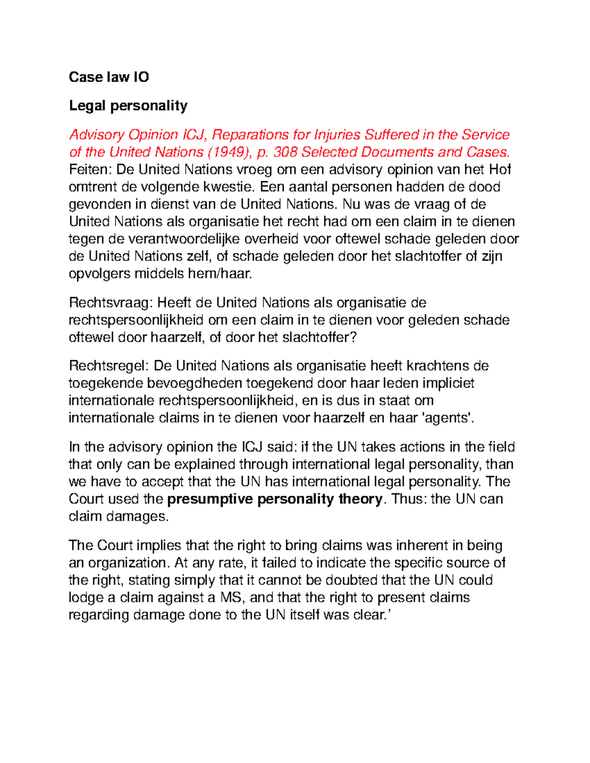 Case Law IO - Advisory Opinion on UN Reparations for Injuries - Studeersnel