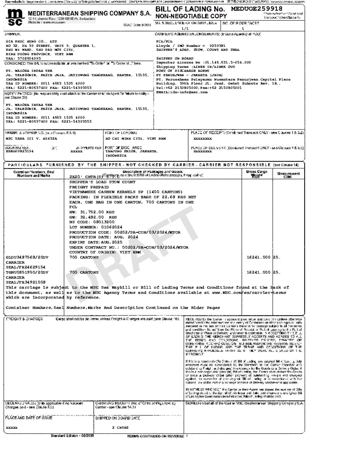 MSC Sea Waybill for Vietnamese Cashew Kernels Shipment - Studocu