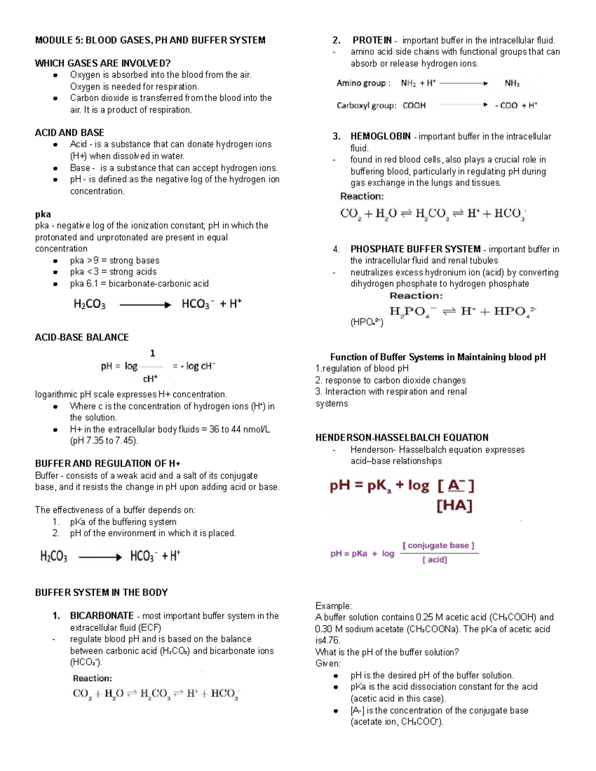 CC LEC - MOD 5 Blood Gases, PH AND Buffer System - MODULE 5: BLOOD ...
