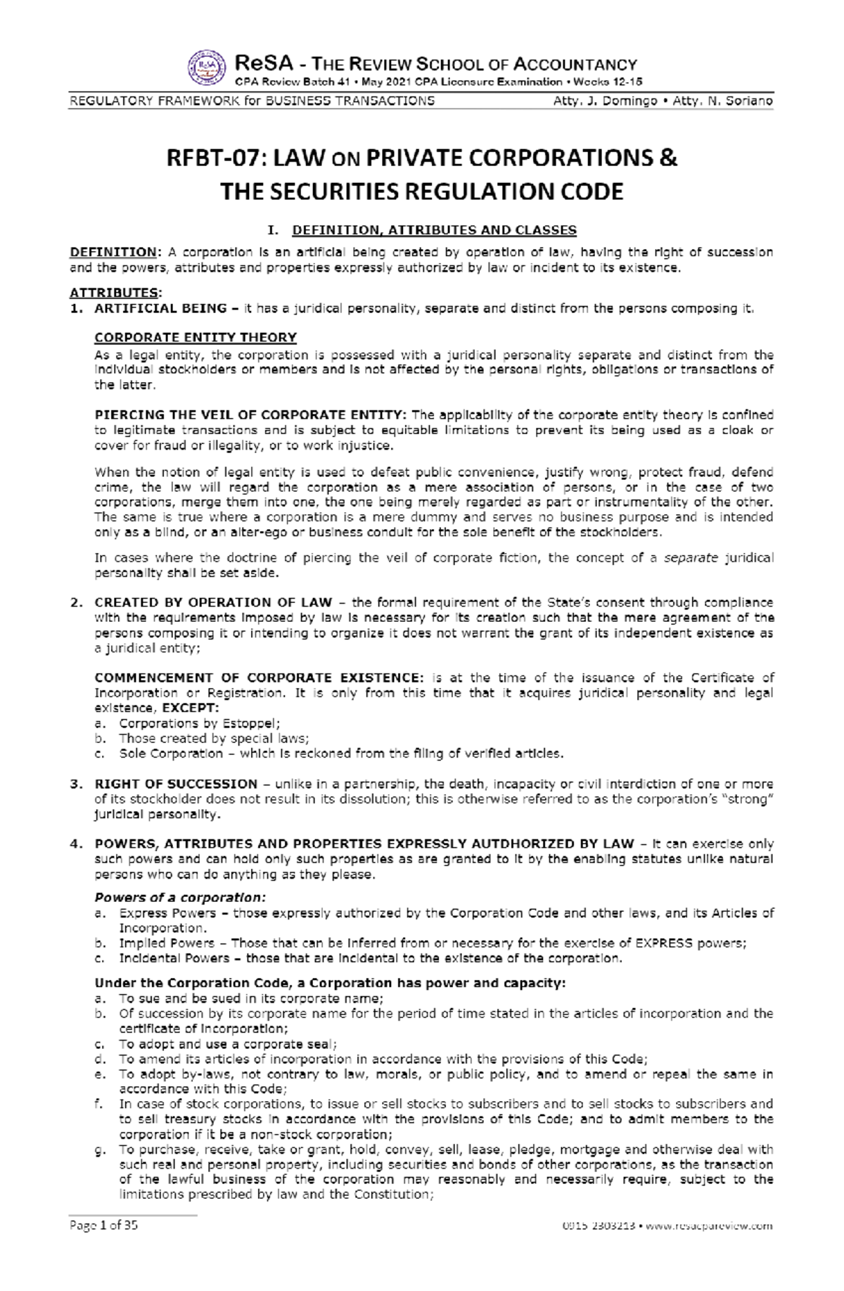 Law on Corporations and Securities Codes - BLAW 2001 - Studocu